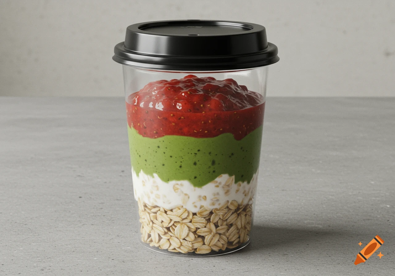 A clear to-go cup with a black lid, containing layers of oats, matcha-colored cream, and strawberry puree, on a gray table.