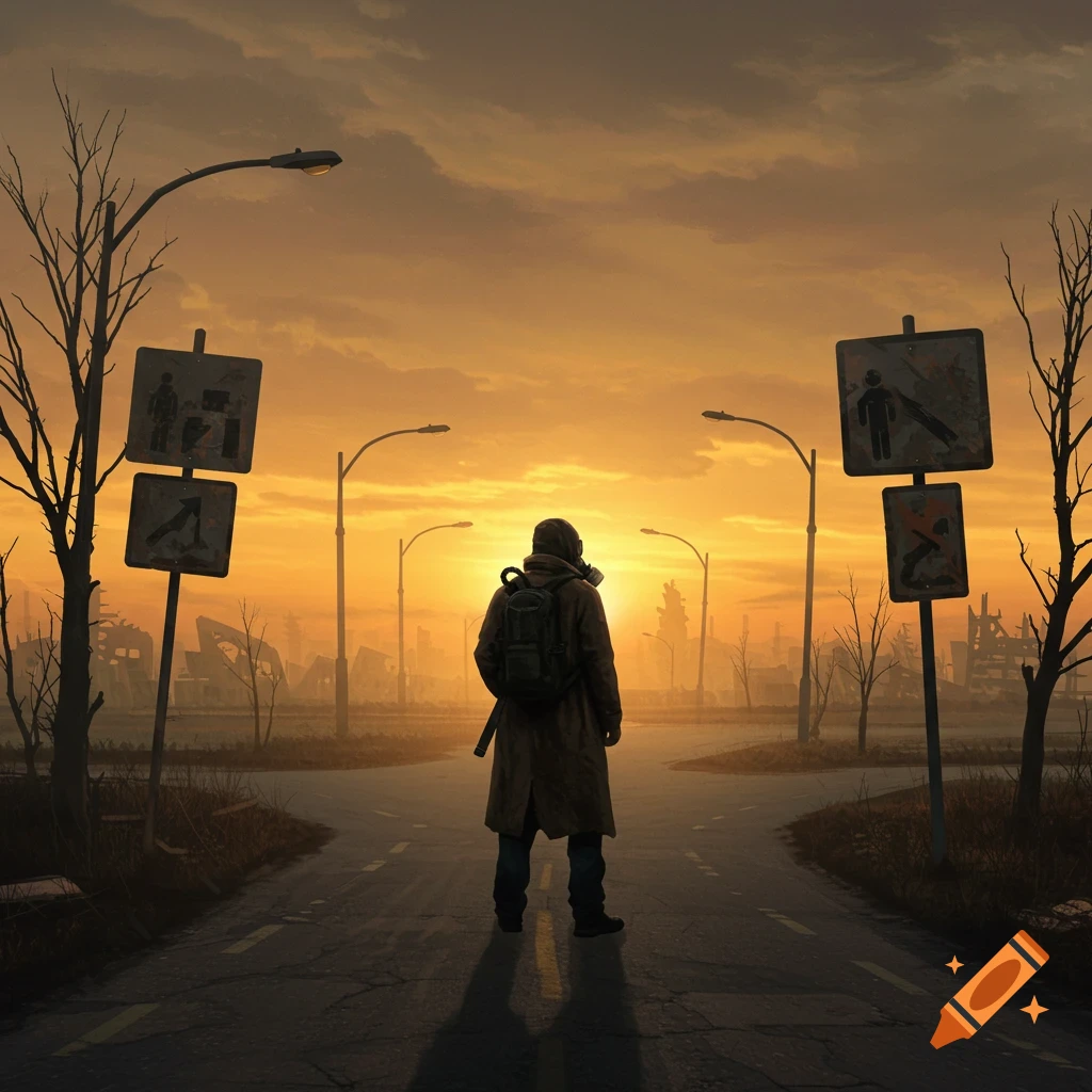 A lone figure in a gas mask stands at a desolate fork in the road at sunset, surrounded by destroyed buildings and bare trees in a post-apocalyptic digital art scene.