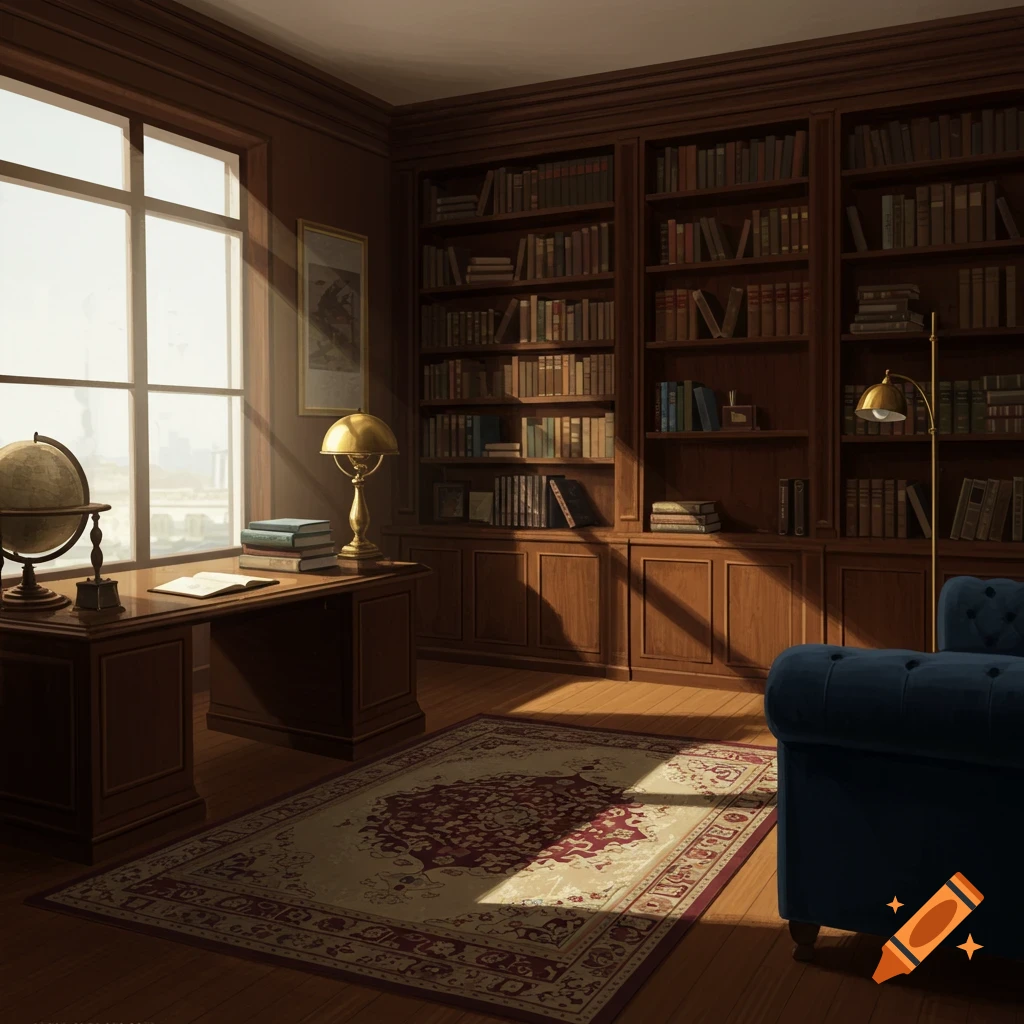 A sunlit, traditional office library with a wooden desk, globe, lamp, large window, bookshelves, and a blue armchair on a patterned rug.
