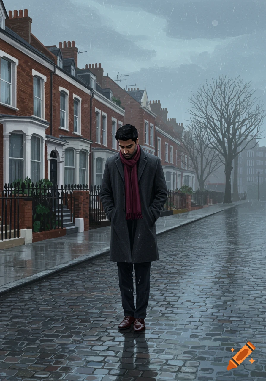 Illustrated sad Indian man in a dark coat, red scarf, stands on a wet cobblestone street in England with brick houses in the rain.