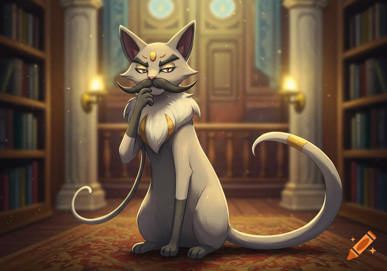 A dignified, mustached cat-like Pokémon with golden accents sits in an ancient library.