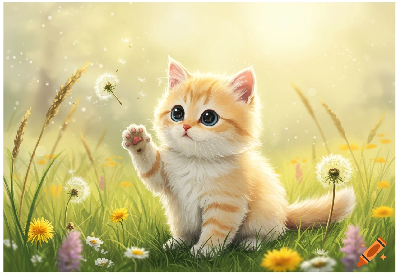 A cute, light orange tabby kitten with big blue eyes playing with a dandelion in a sunny, grassy field.