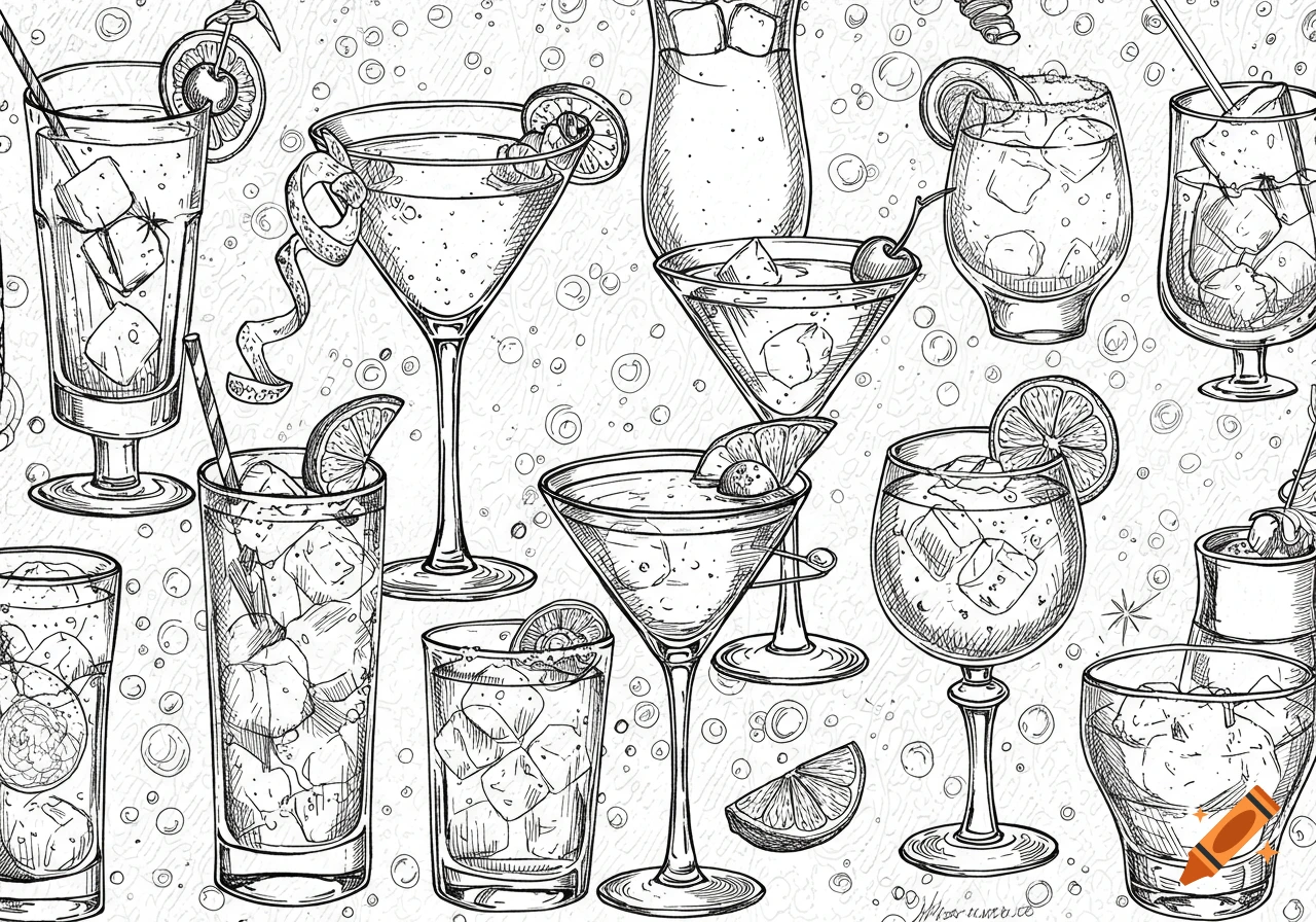 Seamless line art pattern of various hand-drawn cocktails with ice and garnishes on a textured background.