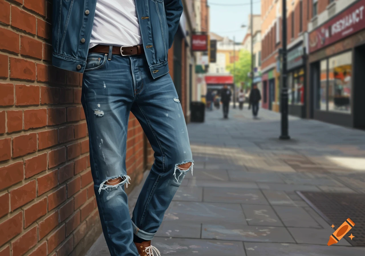 A person in blue ripped jeans and a denim jacket leans against a brick wall on a blurred urban street. Photorealistic illustration.