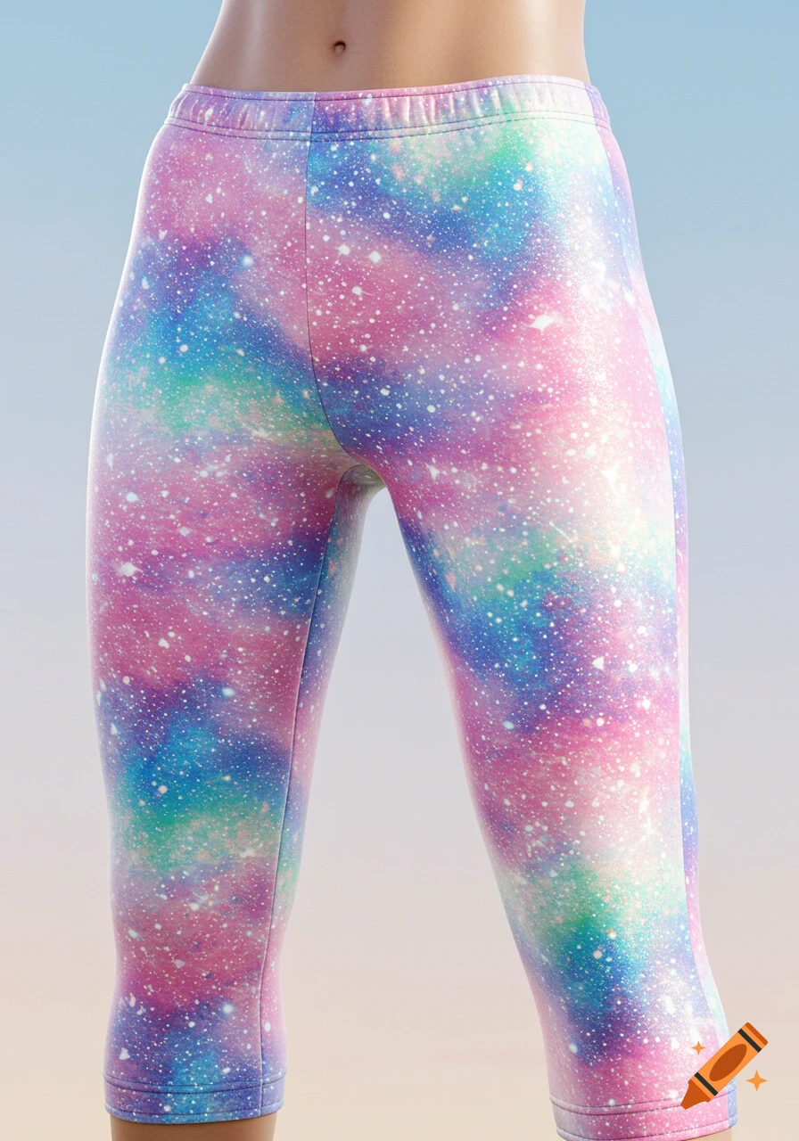 Close-up of a person wearing shiny, colorful galaxy-patterned capri leggings with pink, blue, green, and purple hues.