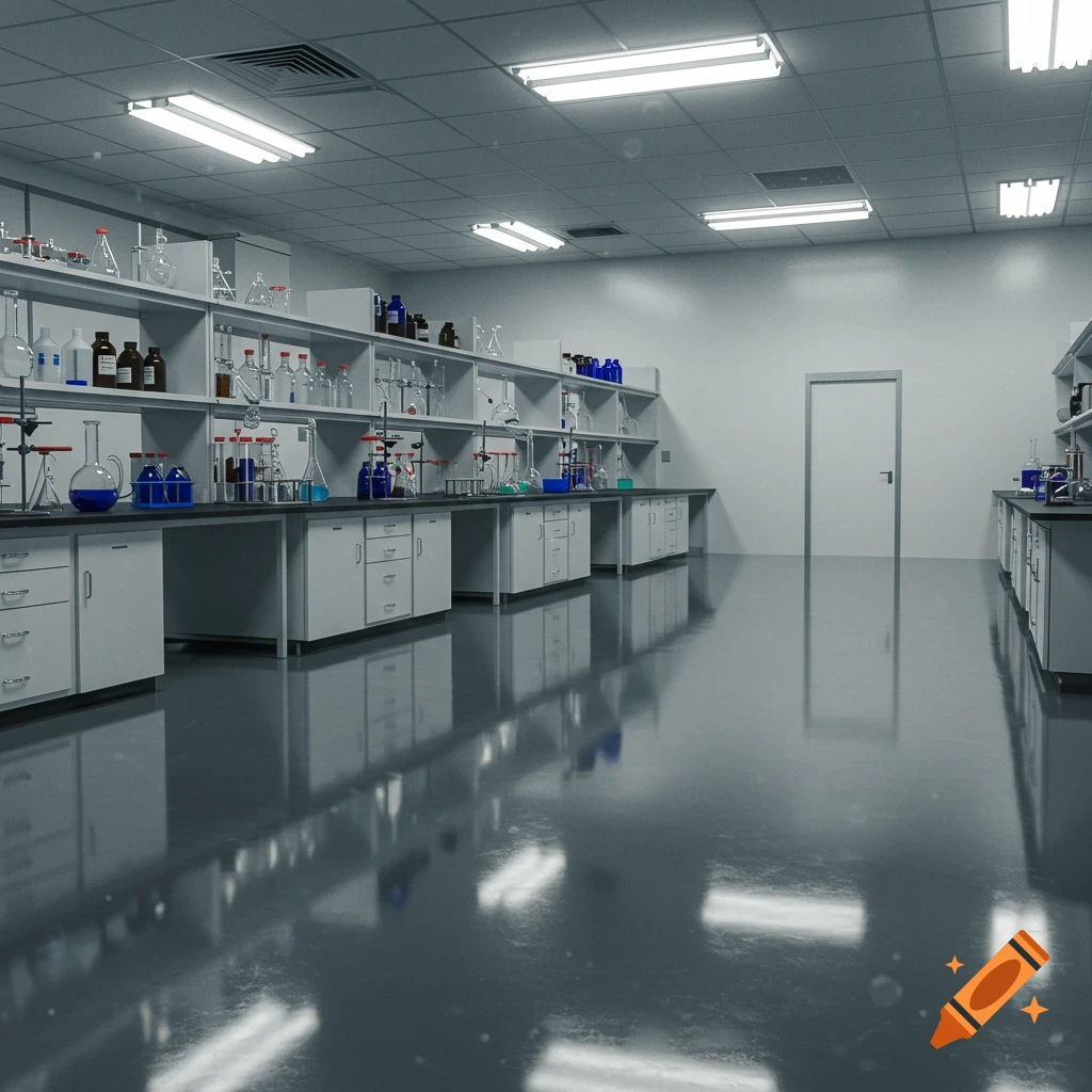 A clean, modern laboratory with shelves of glassware and chemicals, featuring a reflective epoxy floor.