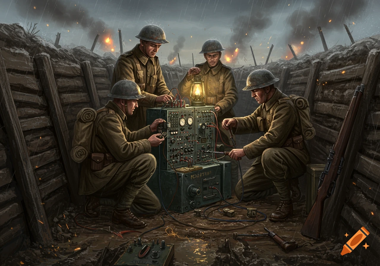 Four WWI soldiers work on a complex radio in a rainy trench with distant explosions, in an illustrative style.