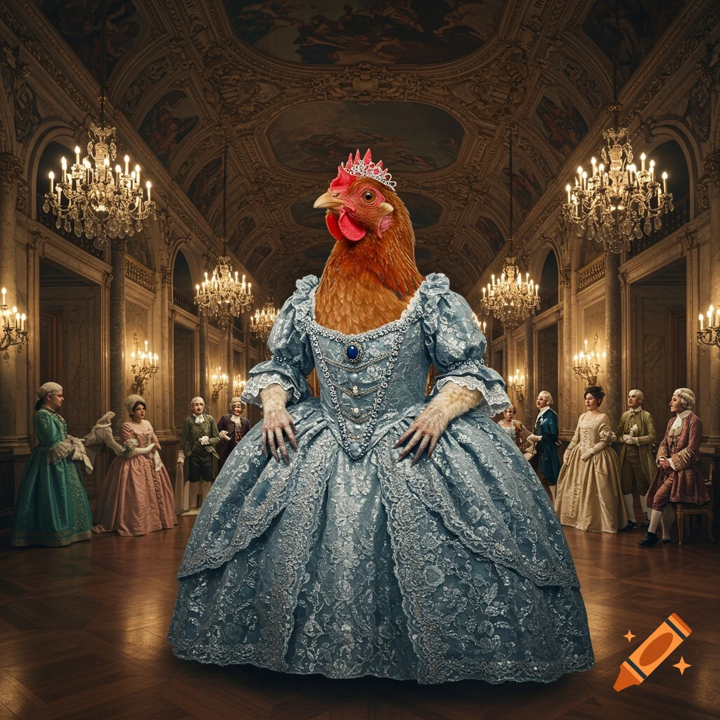 A chicken wearing a pink tiara and an elaborate blue ball gown stands in a grand, ornate ballroom with other people in period attire.
