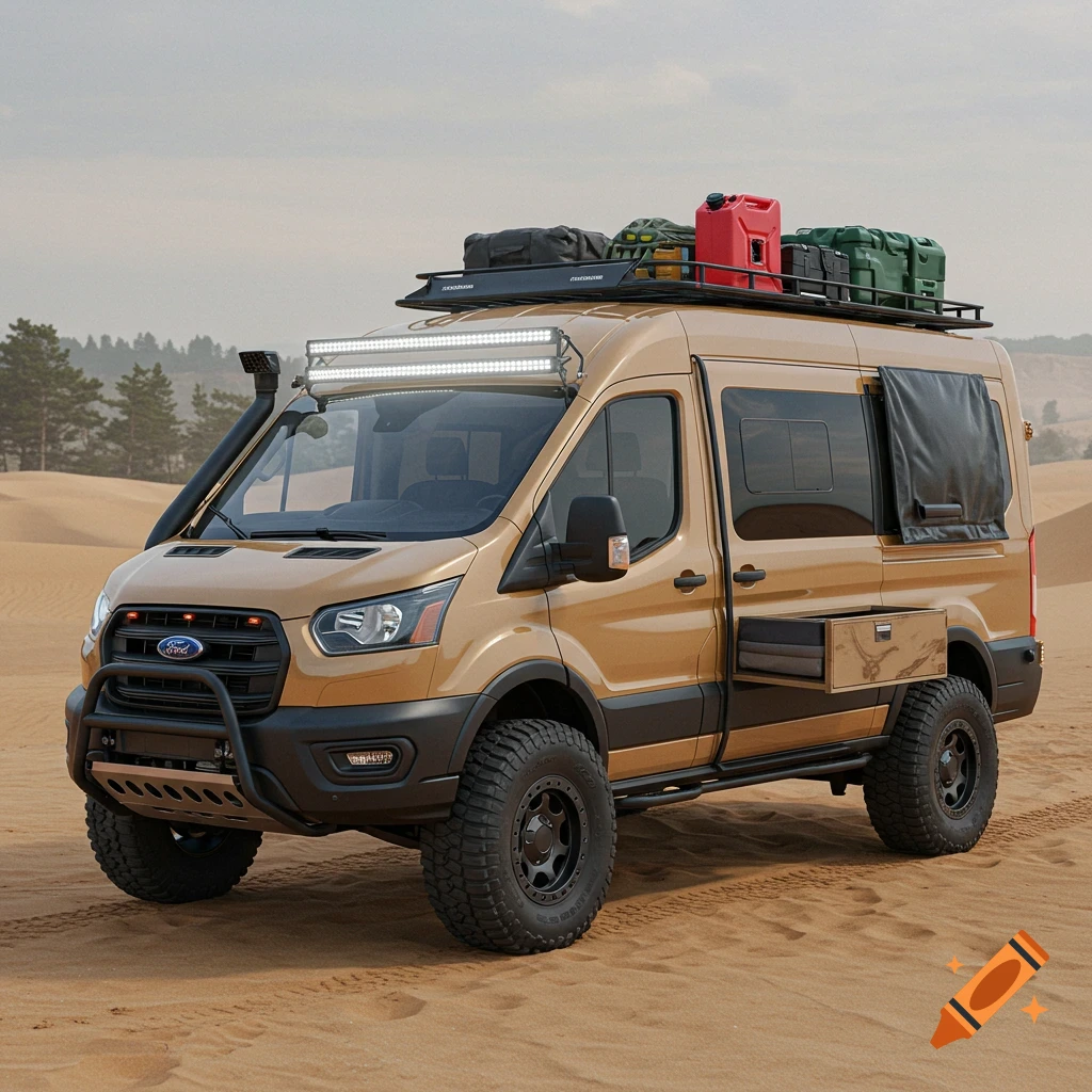 A desert-ready Ford Transit expedition van with off-road tires, roof rack, and light bar, parked on sand dunes.