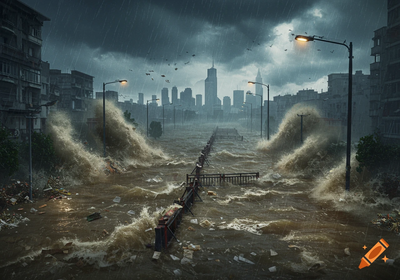 A dark, stormy urban scene with city streets completely submerged in floodwaters, heavy rain, and waves crashing against buildings.