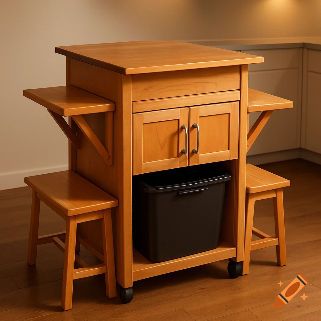 A light wood kitchen cart on wheels with side shelves, two benches tucked underneath, cabinets, and a pull-out trash bin.
