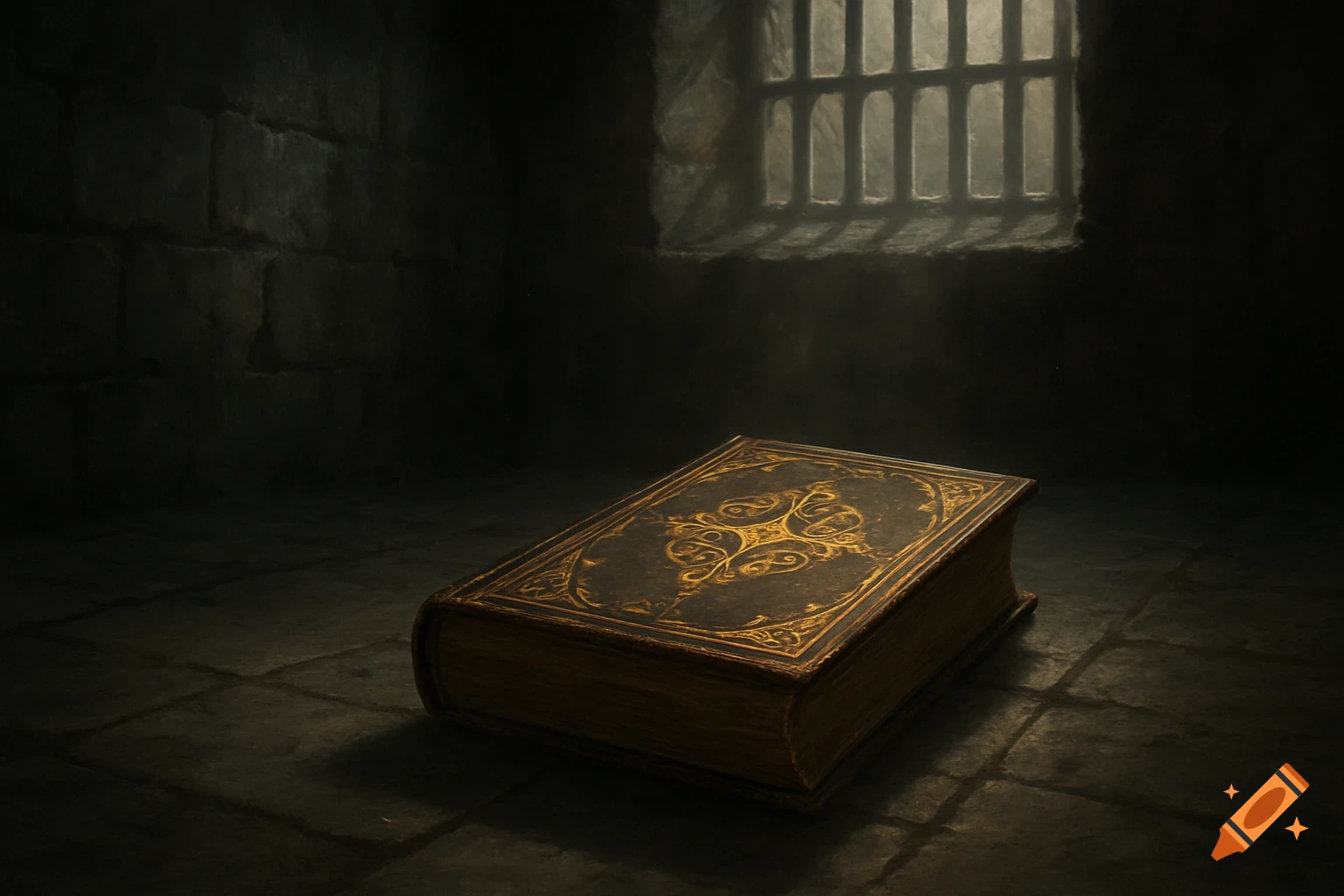 An ornate, antique book lies on a stone floor in a dimly lit room with a barred window, illuminated by a shaft of light.
