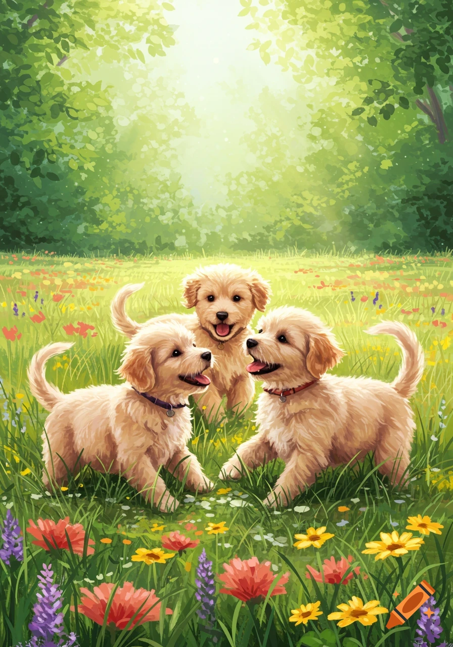 Three golden retriever puppies playing in a vibrant green meadow filled with colorful wildflowers, with sunlight filtering through trees.