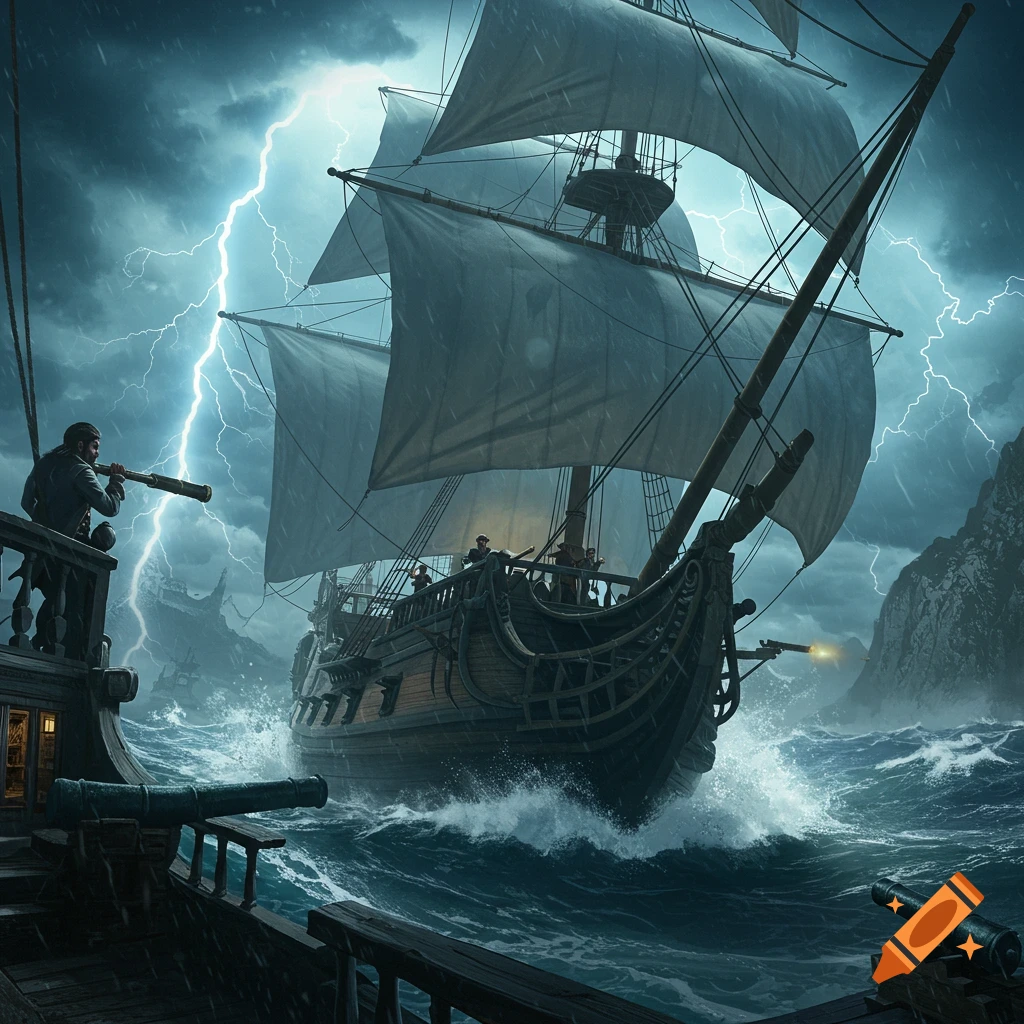 A pirate ship with gray sails navigating a stormy sea with lightning, viewed from a nearby vessel.