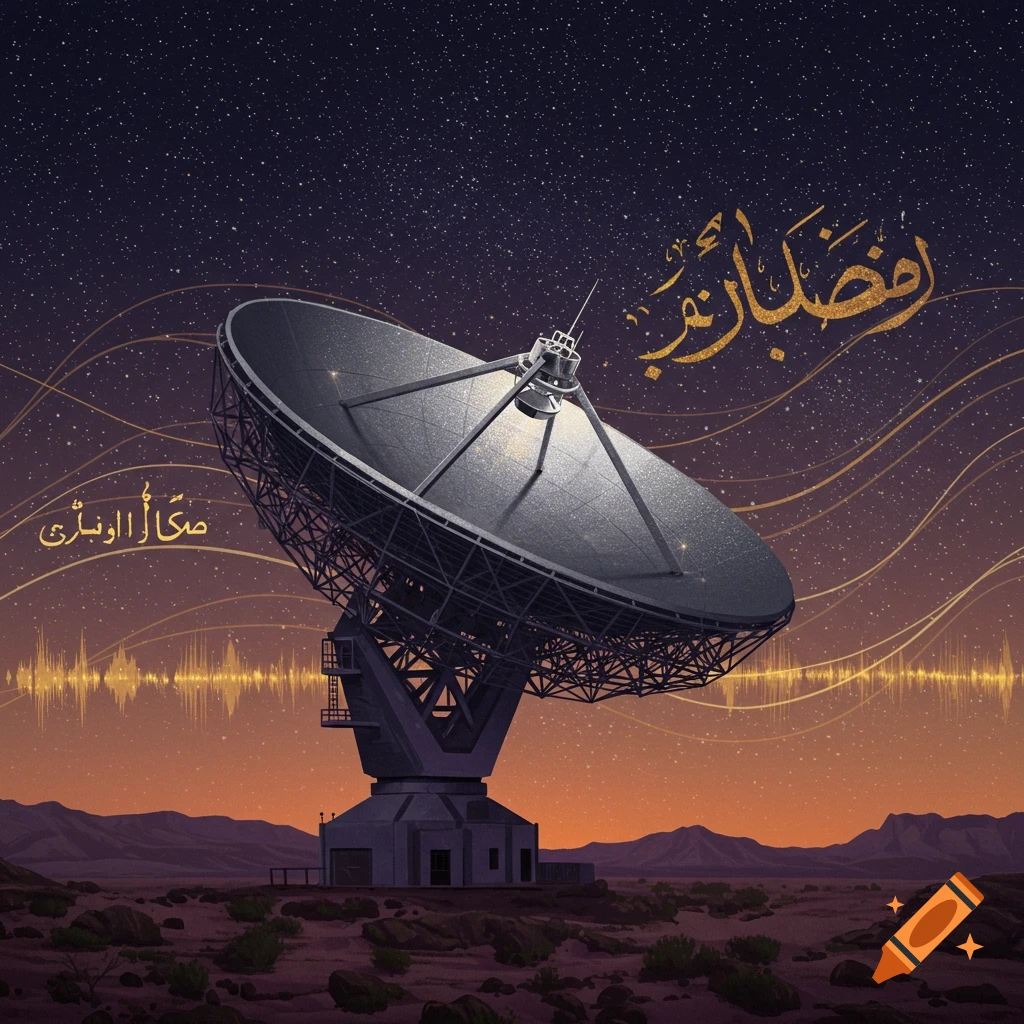 An illustrated radio telescope stands in a desert under a starry night sky, with golden Arabic calligraphy and sound waves above it.