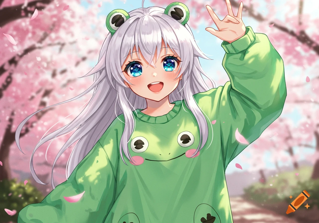Smiling anime girl with white hair and blue eyes, wearing a green frog sweatshirt and frog-ear headband, waving in a cherry blossom garden.