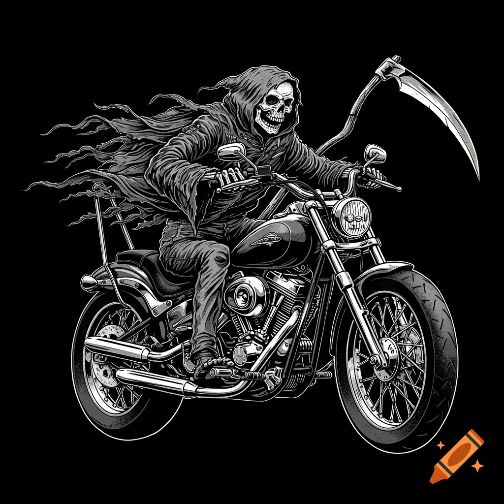 A black and white stylized illustration of the Grim Reaper riding a motorcycle, holding a scythe.
