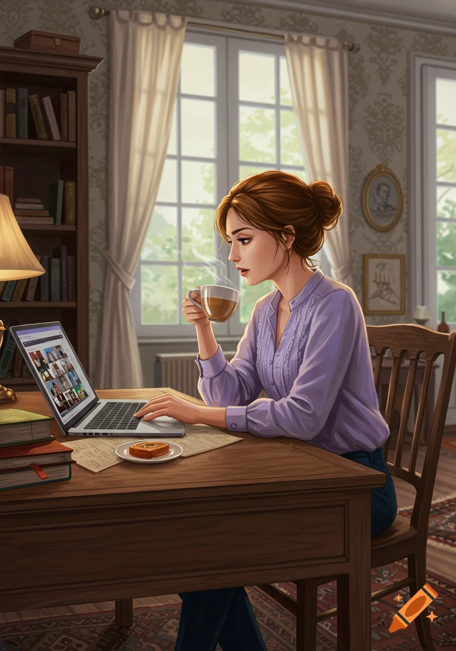 Illustrated woman with a bun sips coffee, typing on a laptop with a video call, at a wooden desk in a sunny room.