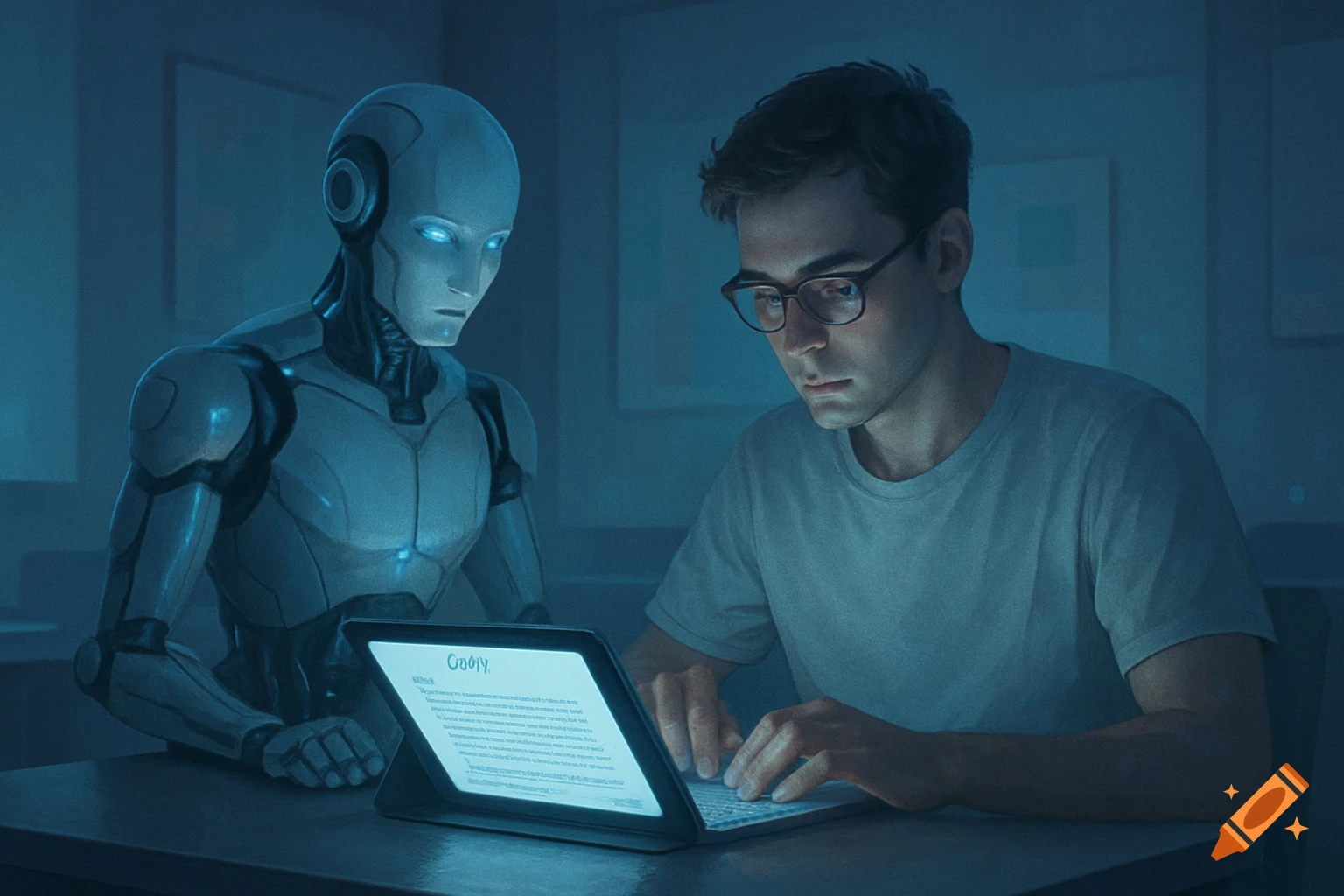 A man wearing glasses types on a glowing laptop while a humanoid robot with blue eyes stands beside him, observing in a dimly lit, blue-toned room. Photorealistic style.