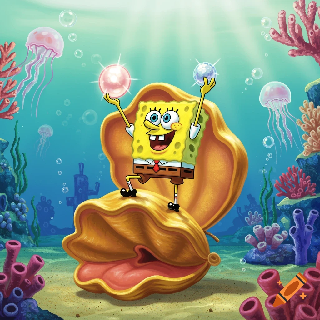Cartoon Spongebob stands on a giant open clamshell, holding two glowing pearls underwater with jellyfish and colorful coral.