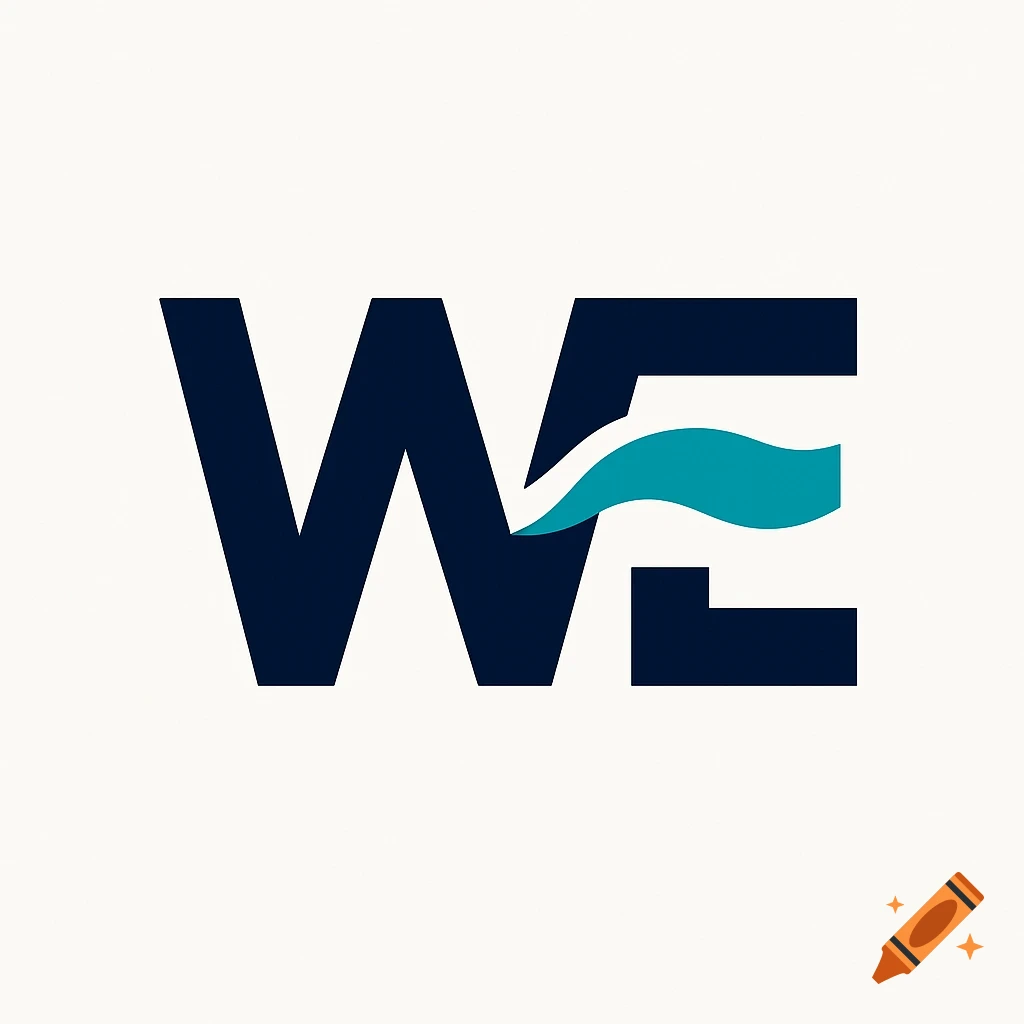 Minimalist dark blue WE monogram logo with a teal wave forming the E's crossbar on a white background.