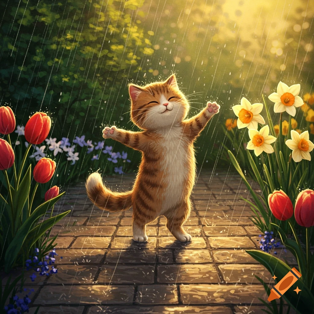 A cute, cartoonish orange tabby cat smiles and dances happily in the rain amidst colorful tulips and daffodils.