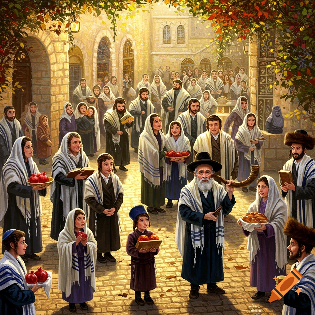 Painting of a Jewish community celebrating Rosh Hashanah in a sunlit old town square, with a man blowing a shofar, people holding pomegranates and books.
