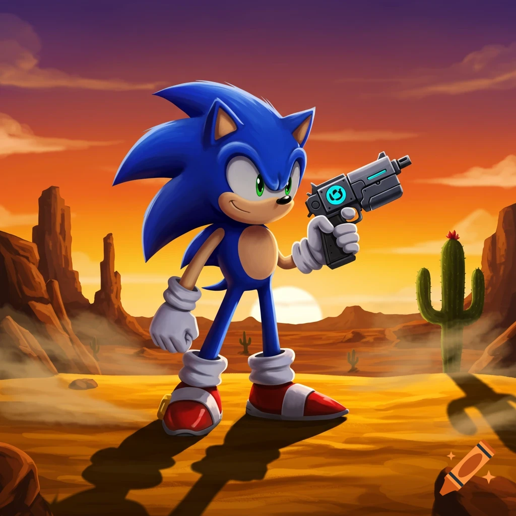 Sonic the Hedgehog holds a futuristic gun in a cartoon desert landscape at sunset.