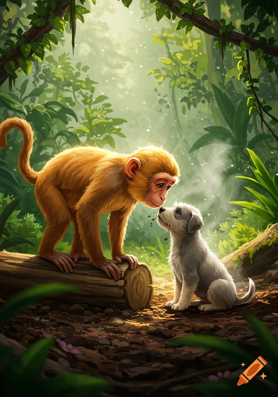 A stylized illustration of a golden monkey leaning over a log, looking at a small gray puppy in a lush green jungle.