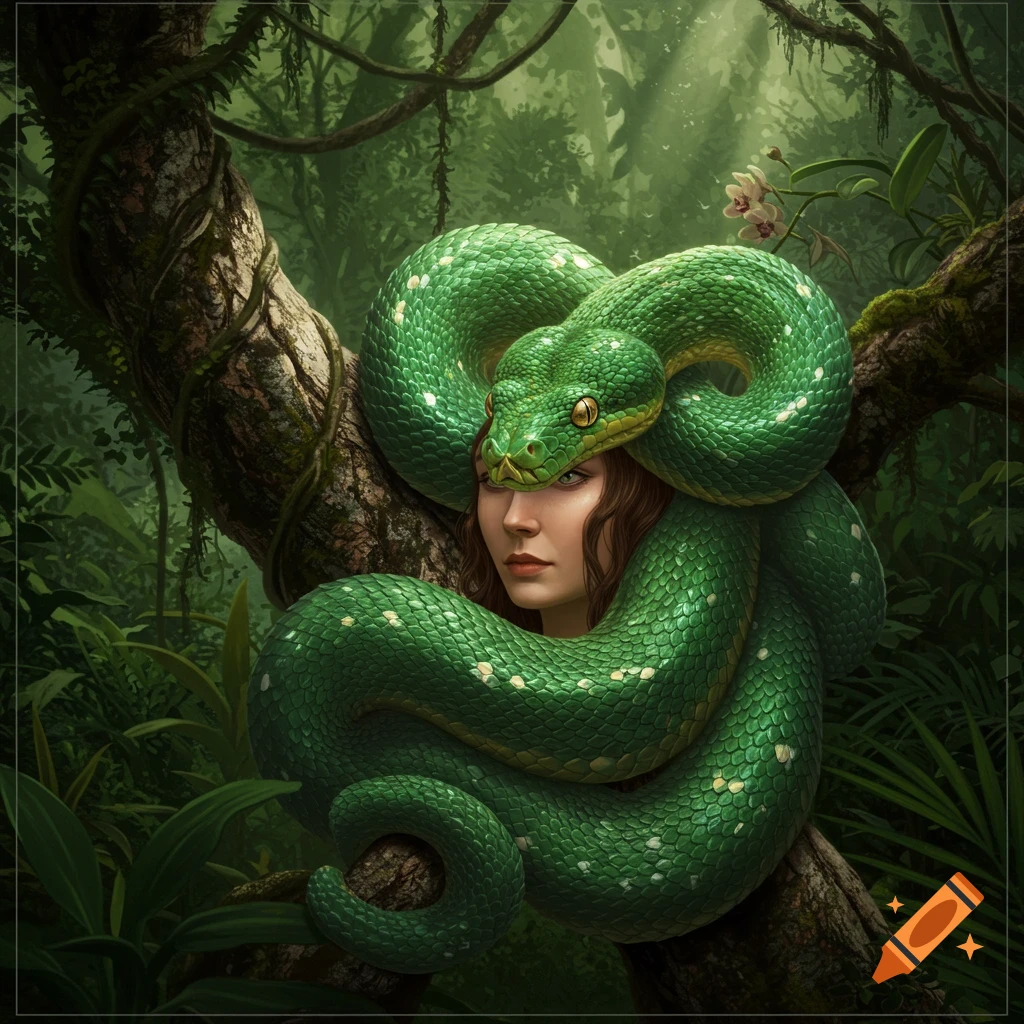 A woman's head with brown hair emerges from a large green snake's coils, its head atop hers, in a lush jungle setting.
