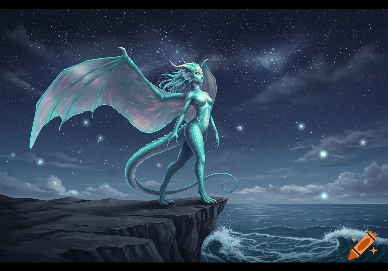A teal dragoness with large, translucent wings stands on a cliff overlooking a starry night ocean.