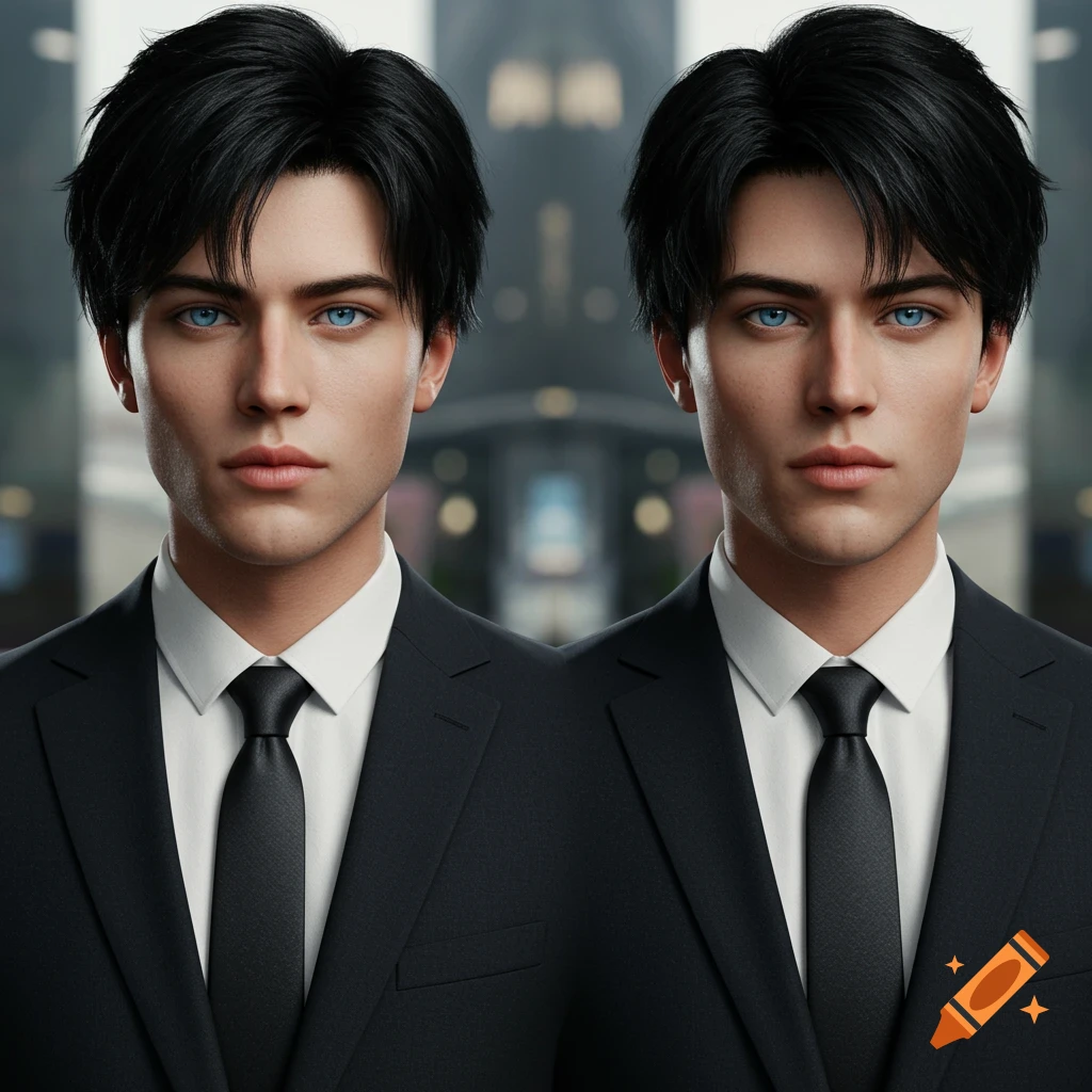 Two identical young men with black hair and piercing blue eyes, wearing black suits and ties, against a blurred urban background.