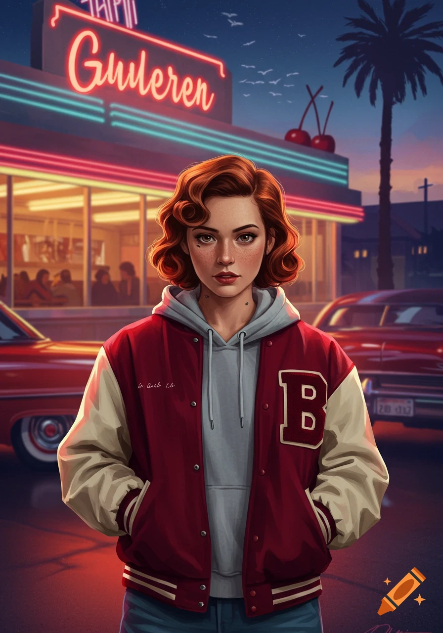 Illustration of a young woman in a red varsity jacket and grey hoodie standing before a neon-lit retro diner at dusk with classic cars.