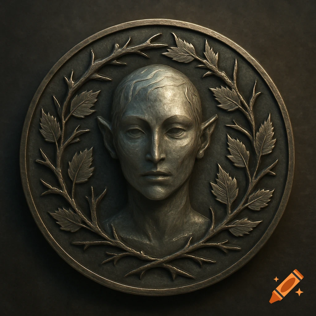 Metallic relief sculpture of an elf-like changeling or specter head within a round medallion framed by hawthorn branches.