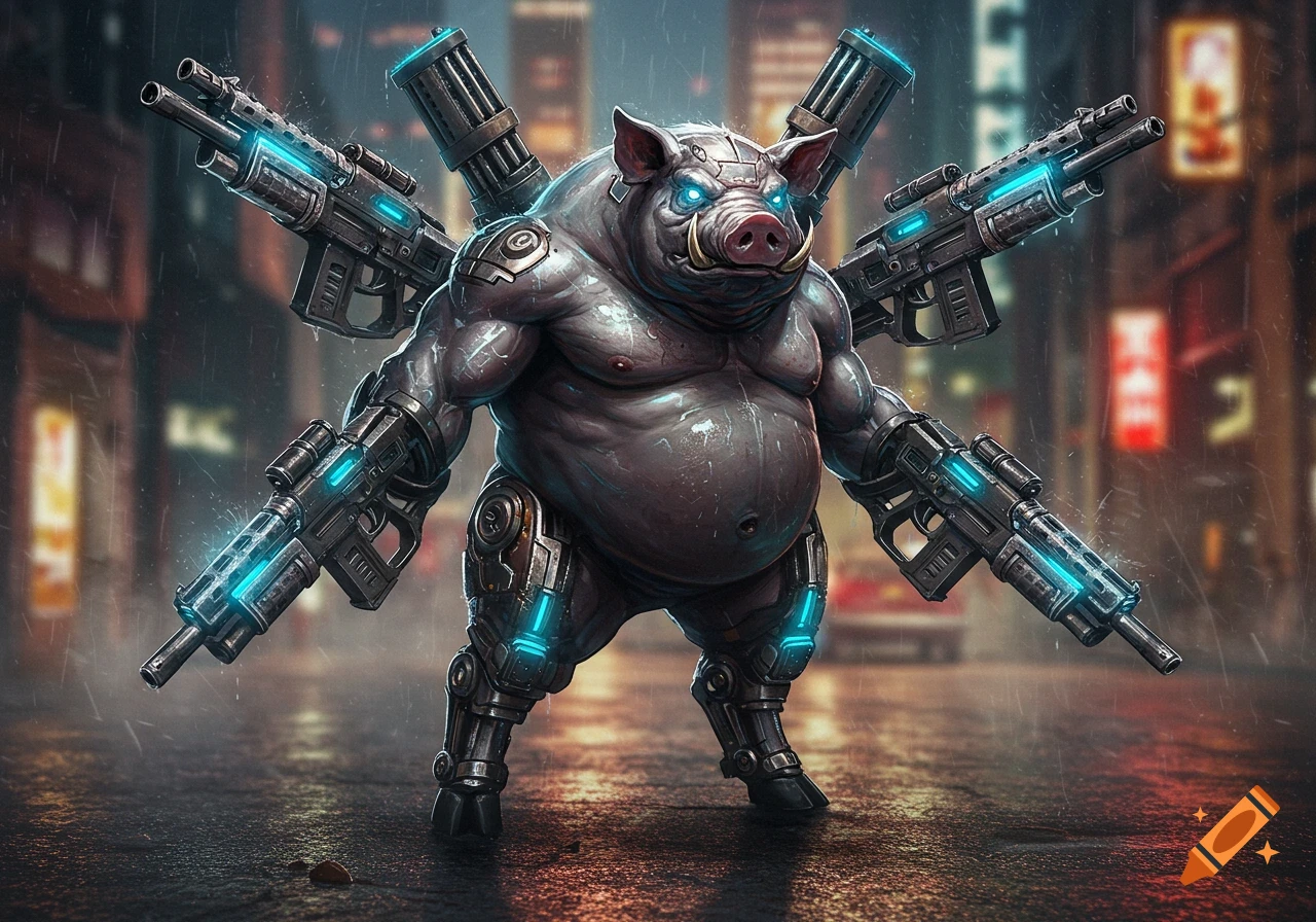 Cyberpunk armored pig creature with glowing blue eyes and four futuristic guns on a rainy city street.