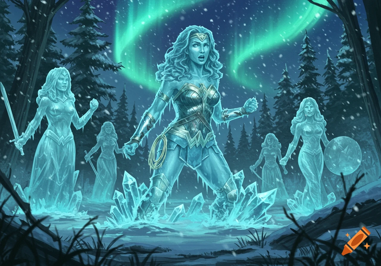 Wonder Woman and other female warriors as glowing blue ice statues in a snowy forest under green aurora borealis, in an illustrative style.