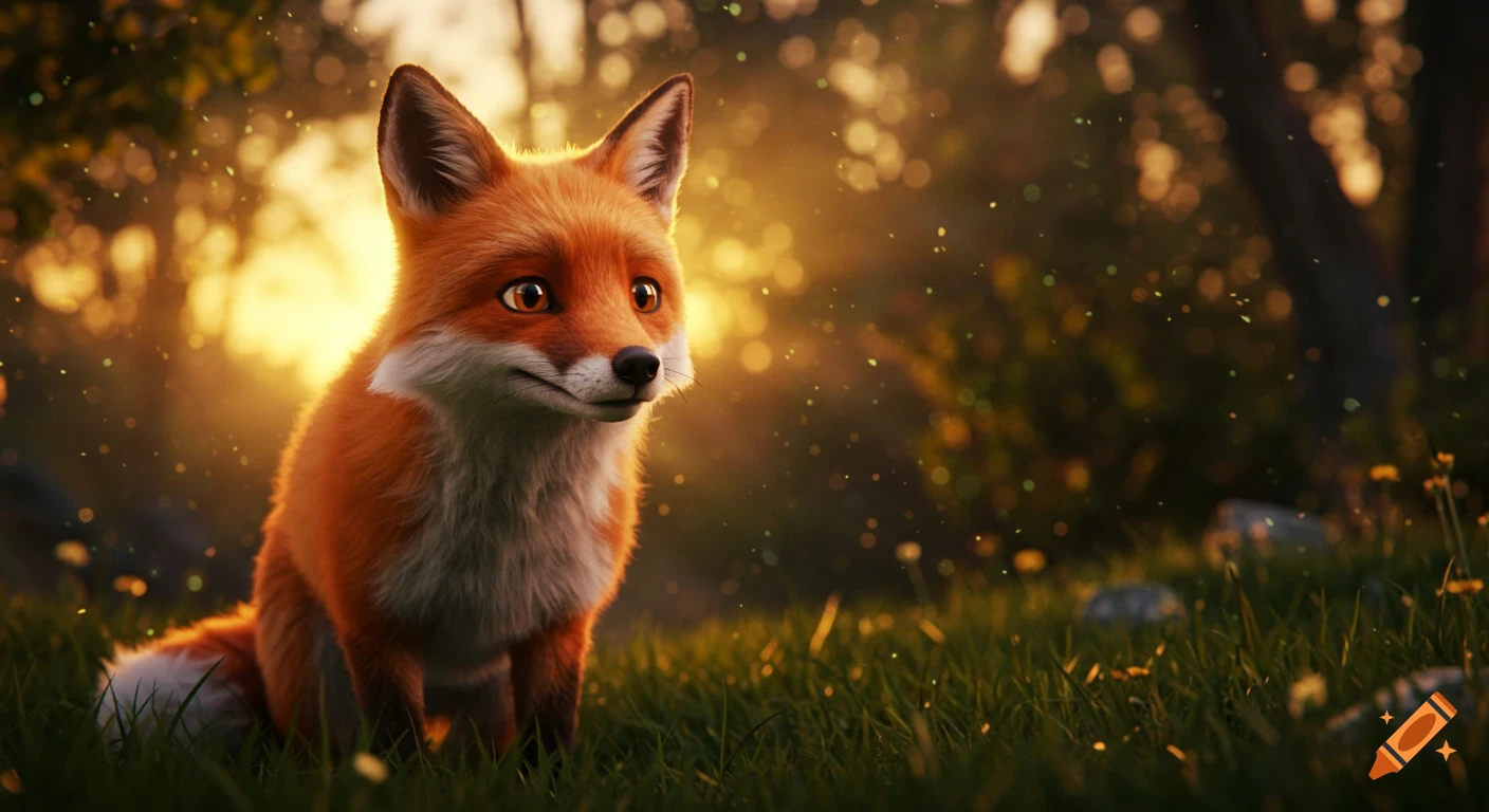 A cute, photorealistic fox sits in a magical forest at sunset with bokeh lights.