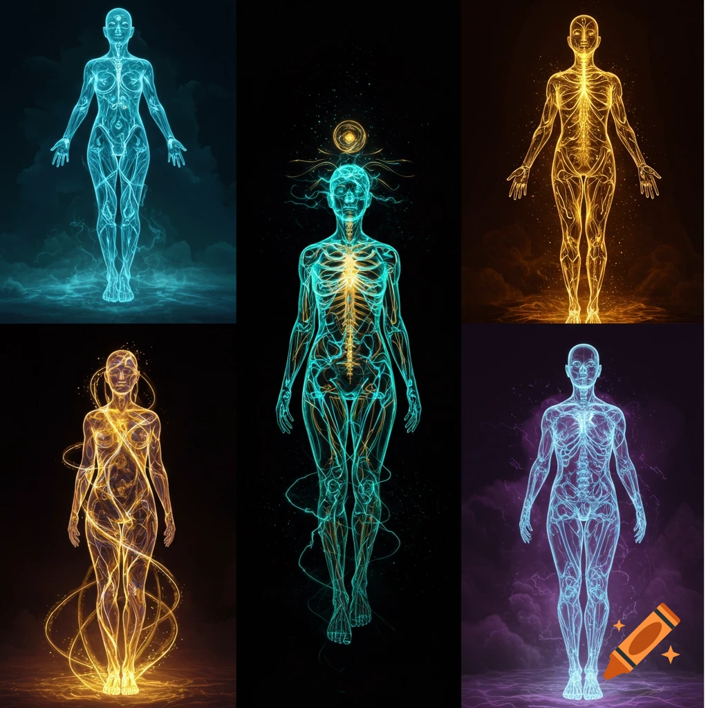 Five glowing, ethereal human figures in various colors, showcasing internal skeletal and energy patterns against dark backgrounds.