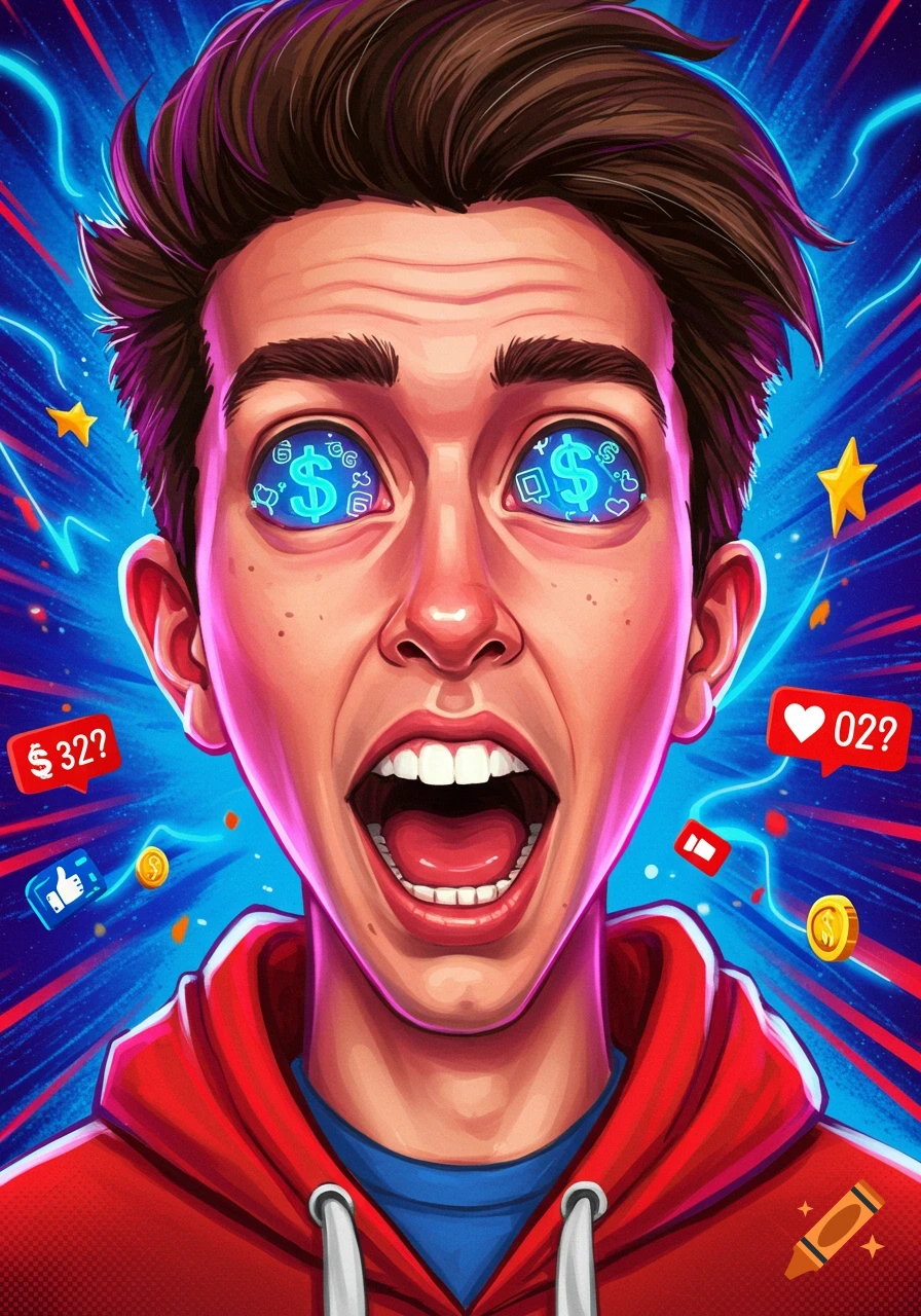 Exaggerated illustration of a man with wide open mouth, glowing dollar signs and social media icons in his eyes, surrounded by floating icons like hearts, dollar amounts, and thumbs up, against a vibrant blue and purple background. Stylized digital art.