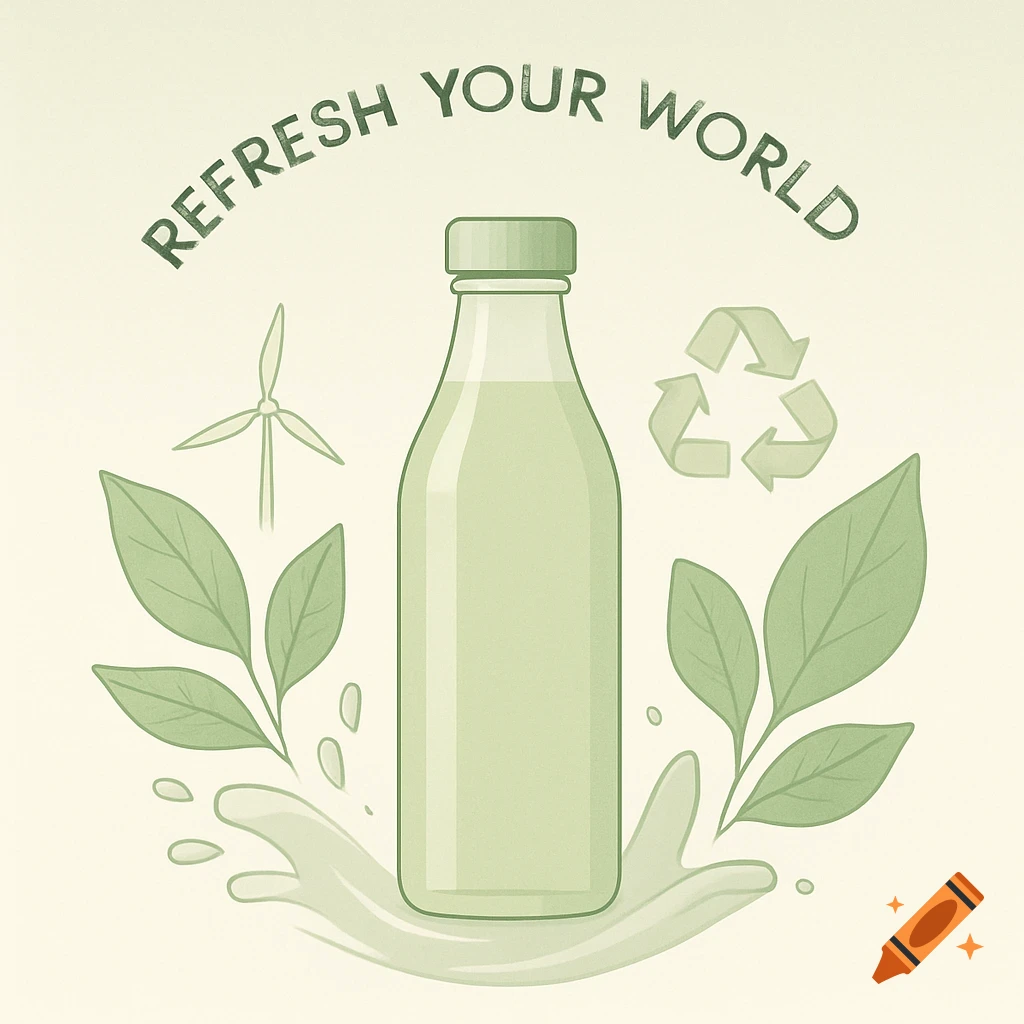 A minimalistic illustration of a green bottle, leaves, wind turbine, and recycling symbol with 'REFRESH YOUR WORLD'.