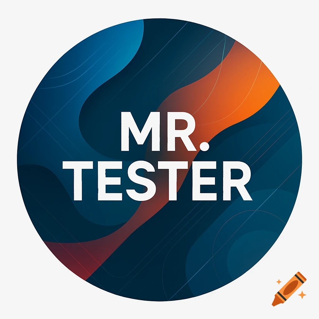 A circular logo with the text 'MR. TESTER' in white, against an abstract background of dark blue, light blue, and orange wavy shapes.