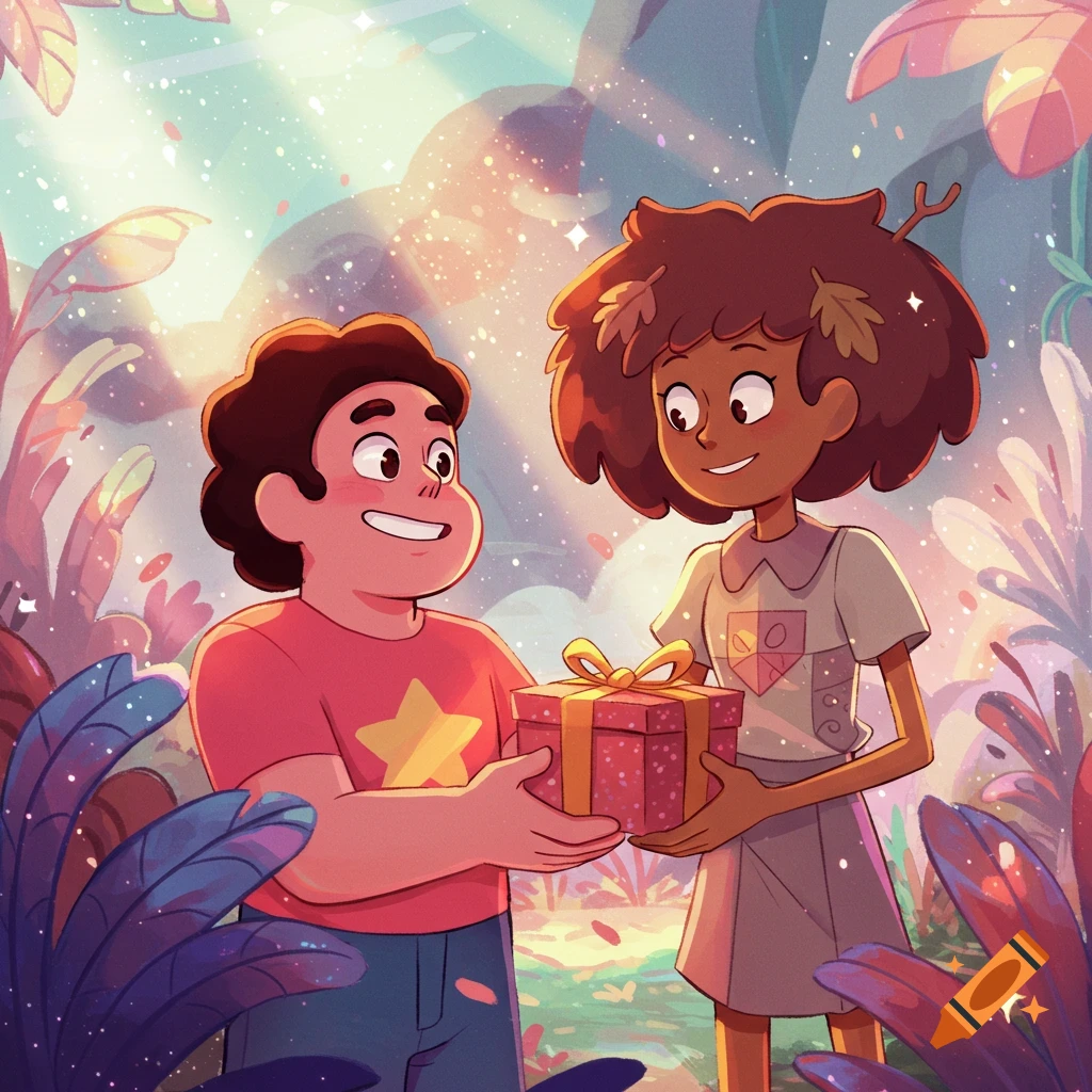 Cartoon characters Steven Universe and Anne Boonchuy in a vibrant, fantastical setting, as Steven gives Anne a present.