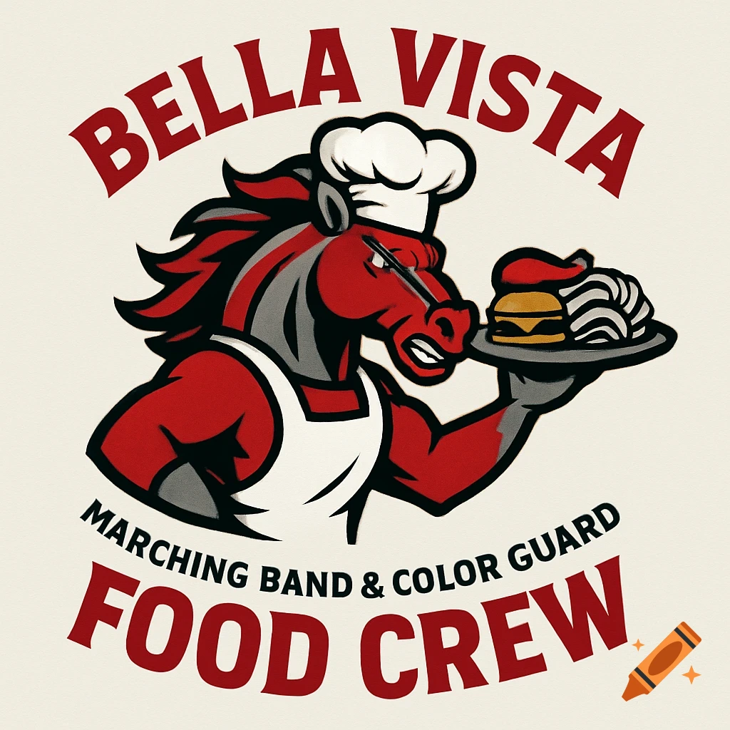 Logo of an angry red and black horse mascot in a chef hat and apron holding food, with 'BELLA VISTA MARCHING BAND & COLOR GUARD FOOD CREW' text.