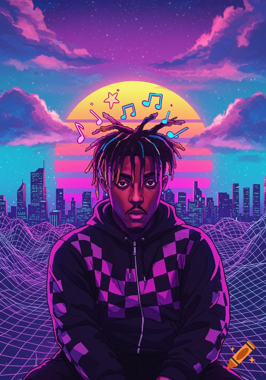 Stylized portrait of a man with dreadlocks in a checkered hoodie against a neon synthwave city and sunset background with musical notes.