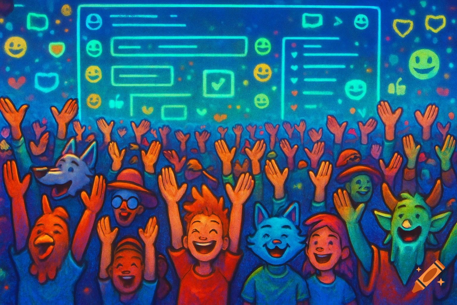 A vibrant, cartoon-style illustration shows a diverse crowd of cheering characters with raised hands, looking up at a glowing blue social media interface filled with emojis and chat elements.