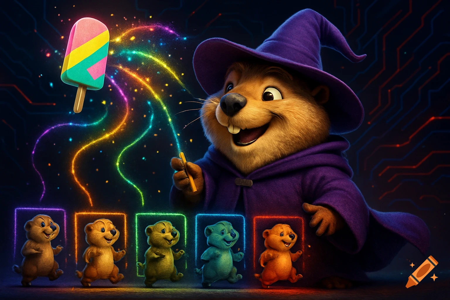 A cheerful animated marmot wizard uses a magical popsicle staff to control glowing mini-marmots in colorful squares, futuristic setting.