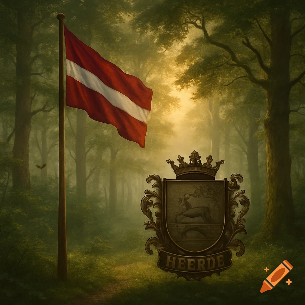 A Latvian flag on a pole and the town crest of Heerde in a misty, enchanted forest.