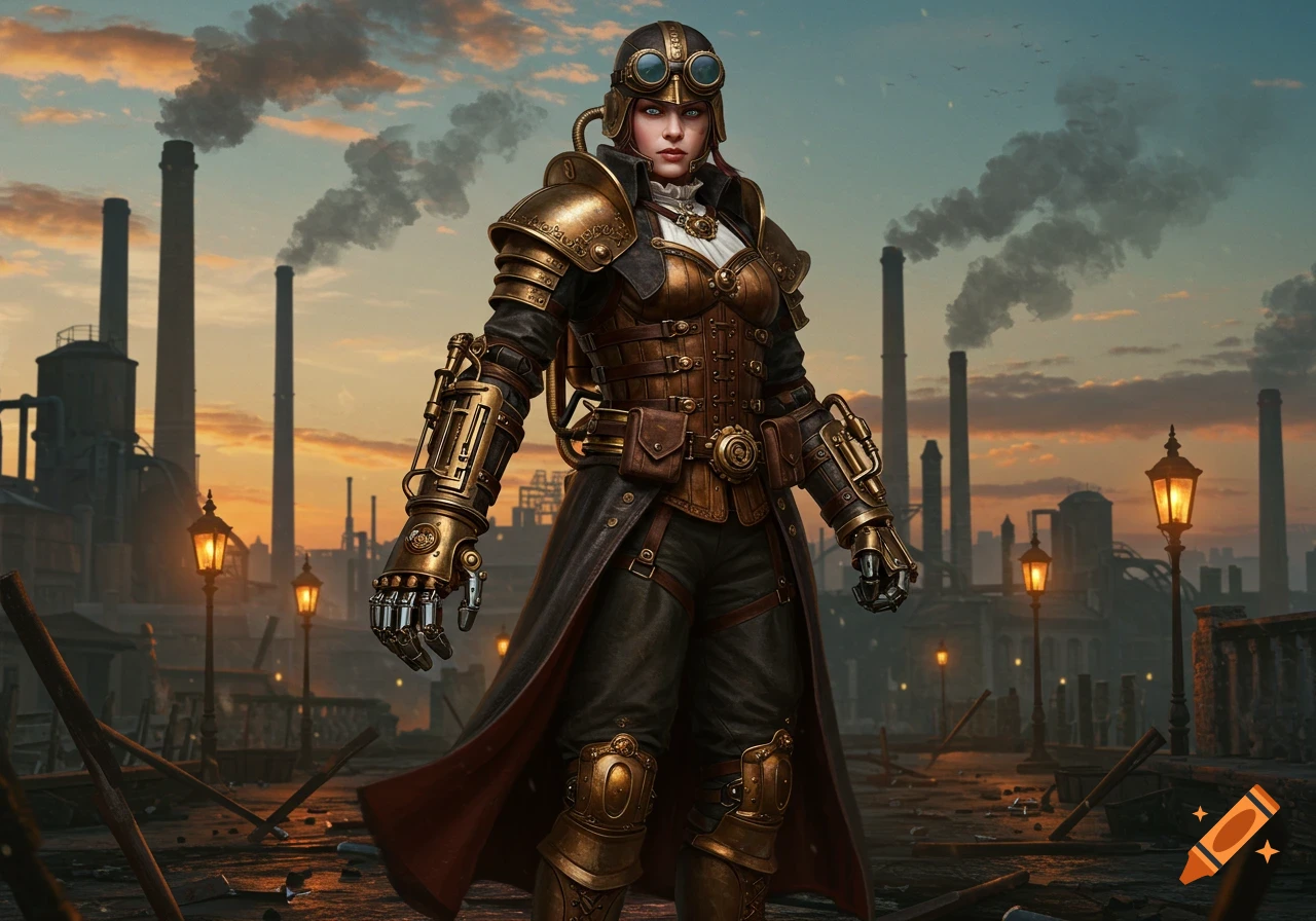 A female steampunk warrior in elaborate golden armor stands in an industrial cityscape with smoking factory chimneys at sunset.
