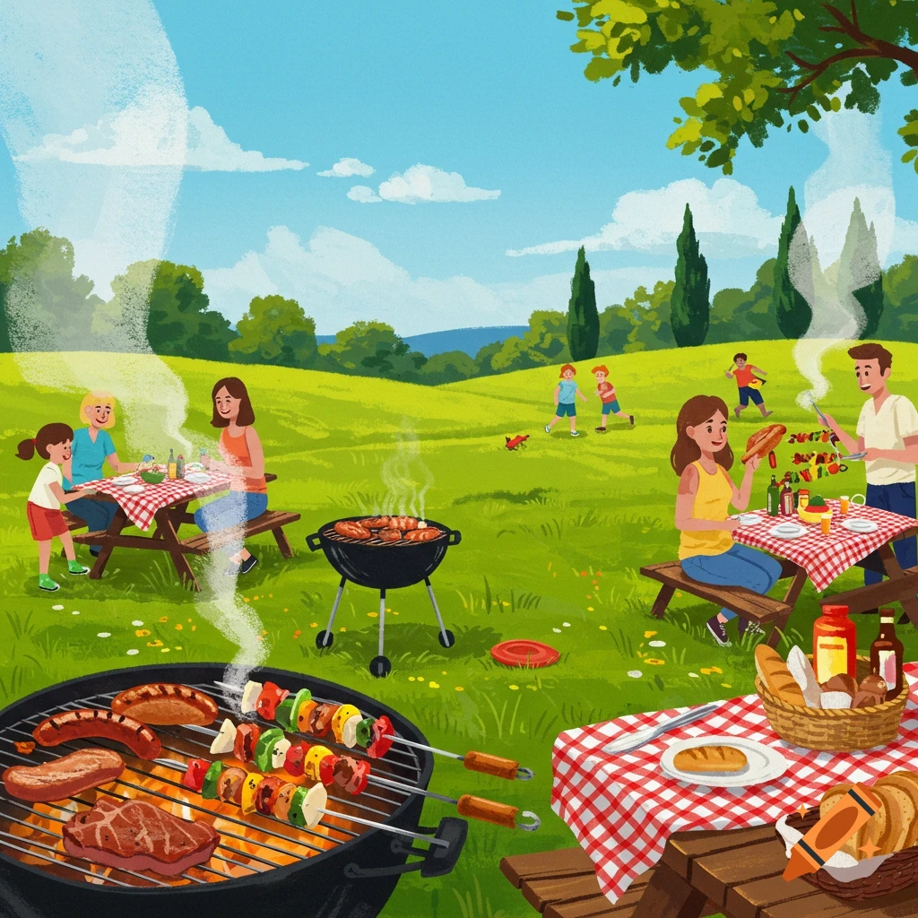 Illustrated family picnic in a grassy field with people grilling food on barbecues and kids playing.