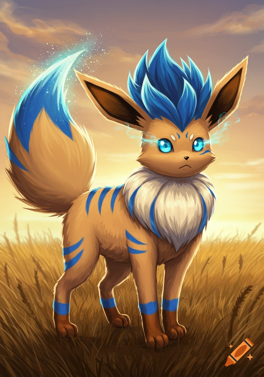 An Eevee-like creature with spiky blue hair, blue markings, and glowing blue eyes stands in a golden field under a pastel sky.